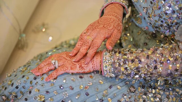 Woman Dressed in traditional Indian clothes, Elements of hindi wedding. Close up view footage
