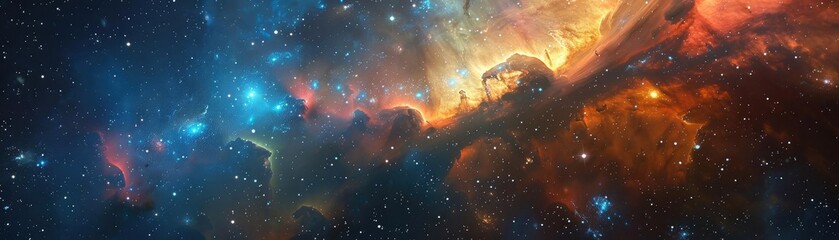 Fototapeta premium Stunning outer space scene with vibrant nebula, colorful dust clouds, and bright stars, showcasing the beauty and mystery of the universe.