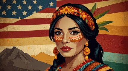 Woman in traditional attire with face paint, celebrating Hispanic Heritage Month against an American flag and mountain backdrop.