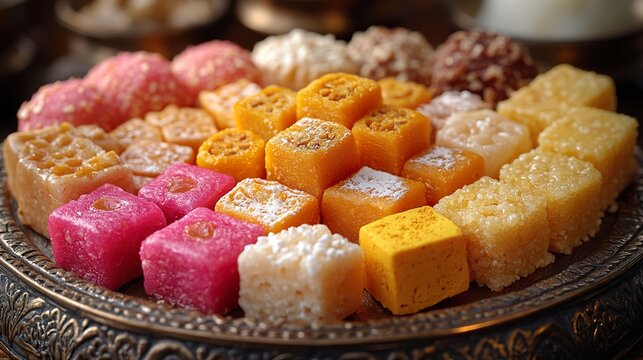 A close-up of Diwali sweets arranged on a decorative platter