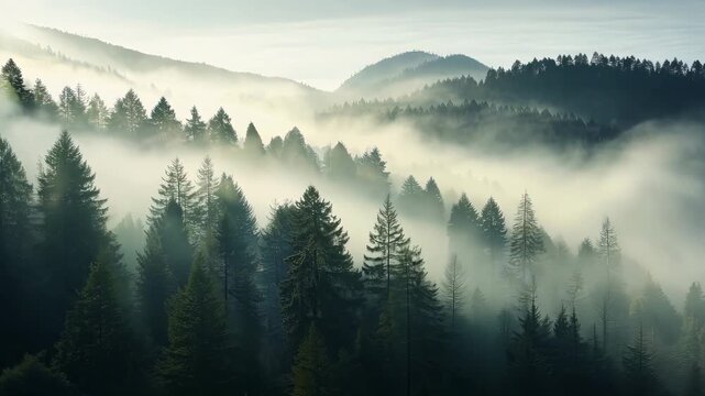 Foggy pine forest in mountains at dawn, serene nature atmosphere concept