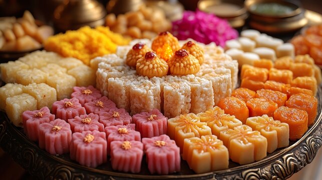 A close-up of Diwali sweets arranged on a decorative platter