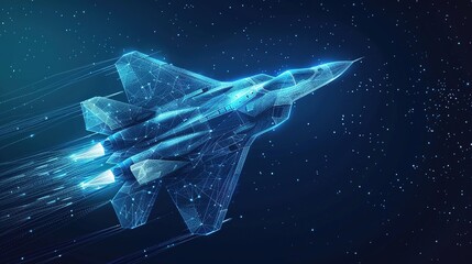 fighter jet in flight from blue abstract polygonal dots. Low poly fighter in motion, lines and connected to form, illustration.