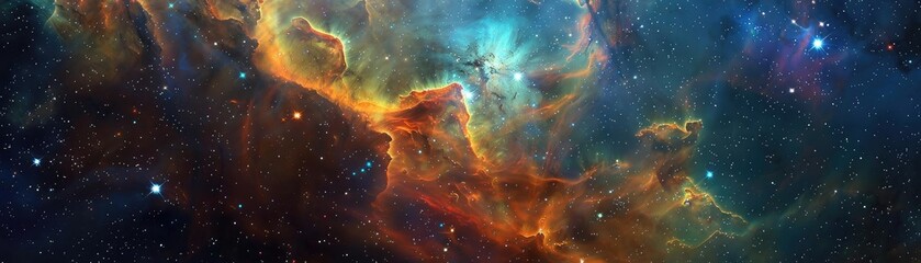 Fototapeta premium A stunning, colorful nebula in deep space, showcasing vibrant colors and intricate patterns illuminated by distant stars.