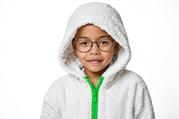 Obraz premium Happy little girl in a white hooded jacket