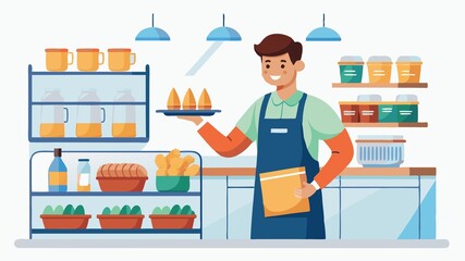 Maintaining cleanliness and freshness for a delightful shopping environment. A deli/bakery associate cleaning and organizing the department, highlighting the importance of hygiene and product quality.