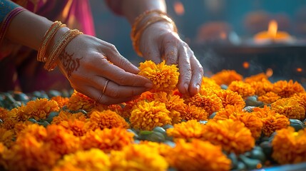 Obraz premium A close-up of hands stringing marigold flowers into garlands for Diwali