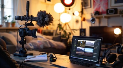 A home studio setup with a camera, microphone, laptop, and lighting.  The room is cozy and comfortable, perfect for recording videos or podcasts.