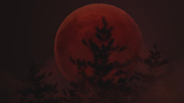 moving pine trees in front of big red moon