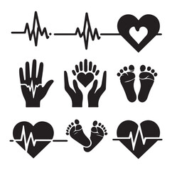 Minimal Set of heart pulse with heart and babys feet vector flat style silhouette vector illustration Design.