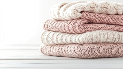 Soft, cozy knitted sweaters are perfectly stacked on a white wooden surface, illuminated by gentle natural light, creating a warm and inviting atmosphere