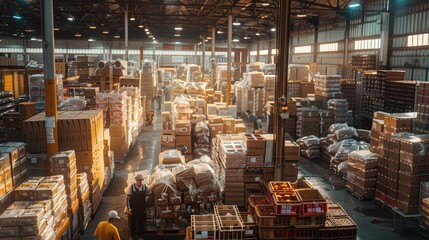 A large warehouse with high ceilings, filled with stacked boxes and pallets, bustling with activity. Sunlight streams through the windows.