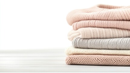 Soft, cozy knitted sweaters are perfectly stacked on a white wooden surface, illuminated by gentle natural light, creating a warm and inviting atmosphere