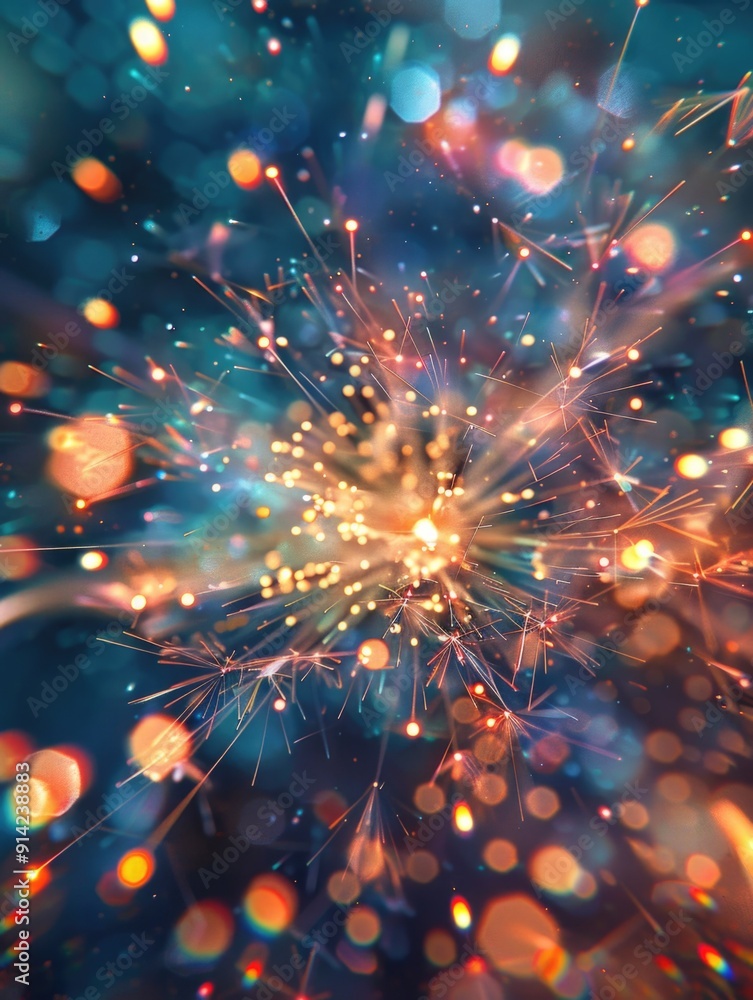 Poster laser light show with sparkling particles and colorful explosions in the background, creating a fest