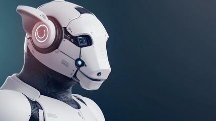 Futuristic humanoid robot with a dog-like head, featuring advanced technology and a sleek design, set against a modern backdrop.