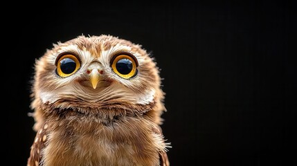 Obraz premium Close-up of a young owl with large, bright eyes against a black background.