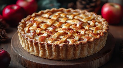 A detailed shot of a Thanksgiving apple pie with a lattice crust