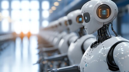 Fototapeta premium Futuristic humanoid robots lined up in a high-tech environment, showcasing advanced technology and innovation.