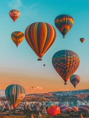 Fototapeta premium The image shows a breathtaking aerial view of Cappadocia, Turkey at sunrise. A multitude of hot air balloons are rising from the ground