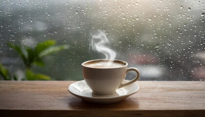  A cup of coffee on wooden table in cozy rainy day
