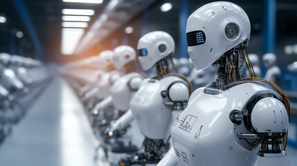 Fototapeta premium Futuristic robots standing in a manufacturing facility, showcasing advanced technology and automation in modern production.