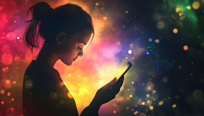 Woman Silhouette Holding Bright Mobile Phone