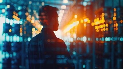 A lone figure stands silhouetted against a backdrop of vibrant city lights, evoking a sense of mystery and urban exploration.