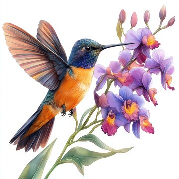 recommend clip art: Hummingbird watercolor clipart bird on purple orchid flowers