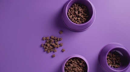 Dog food in purple bowls on a purple surface.