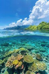 Naklejka premium A view of a vibrant coral reef from the water's edge, perfect for ocean-inspired designs