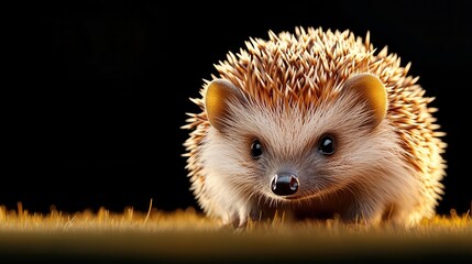 Fototapeta premium Close-up of a cute hedgehog with brown and white fur, looking at the camera.