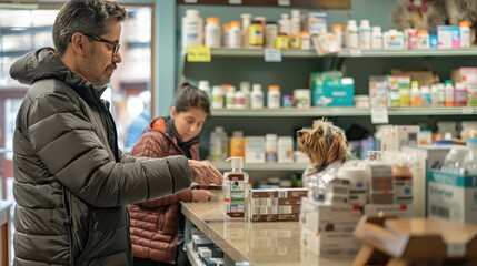 Fototapeta premium A man and a dog wait patiently at a pharmacy counter, while a person behind the counter prepares their order.