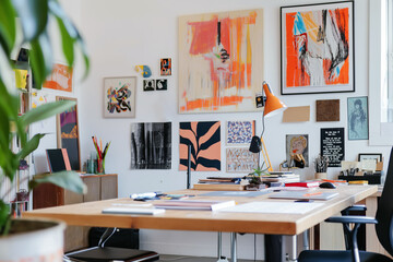 Workspace blank screen Computer and Equipment on table and loft wall background.