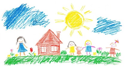 Childlike drawing of happy family beside the red house with bright sun and blue sky. Concepts of family bonding, childhood creativity, and innocence.