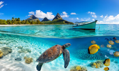 Indian Ocean, Mauritius colorful fish and vibrant coral reefs and sea Turtles. Mauritius island under waterfall, Mauritius undersea, Mauritius sea