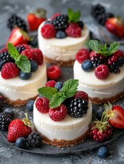 Sweet treats decorated with fresh berries and mint leaves
