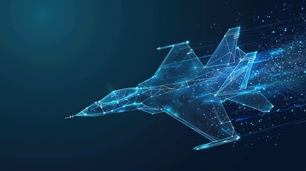fighter jet in flight from blue abstract polygonal dots. Low poly fighter in motion, lines and connected to form, illustration.