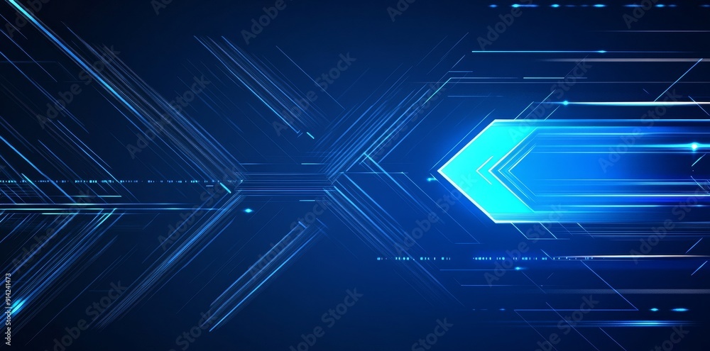 Poster an abstract blue geometric shape with glowing lines on a dark blue background is rendered in 3d.
