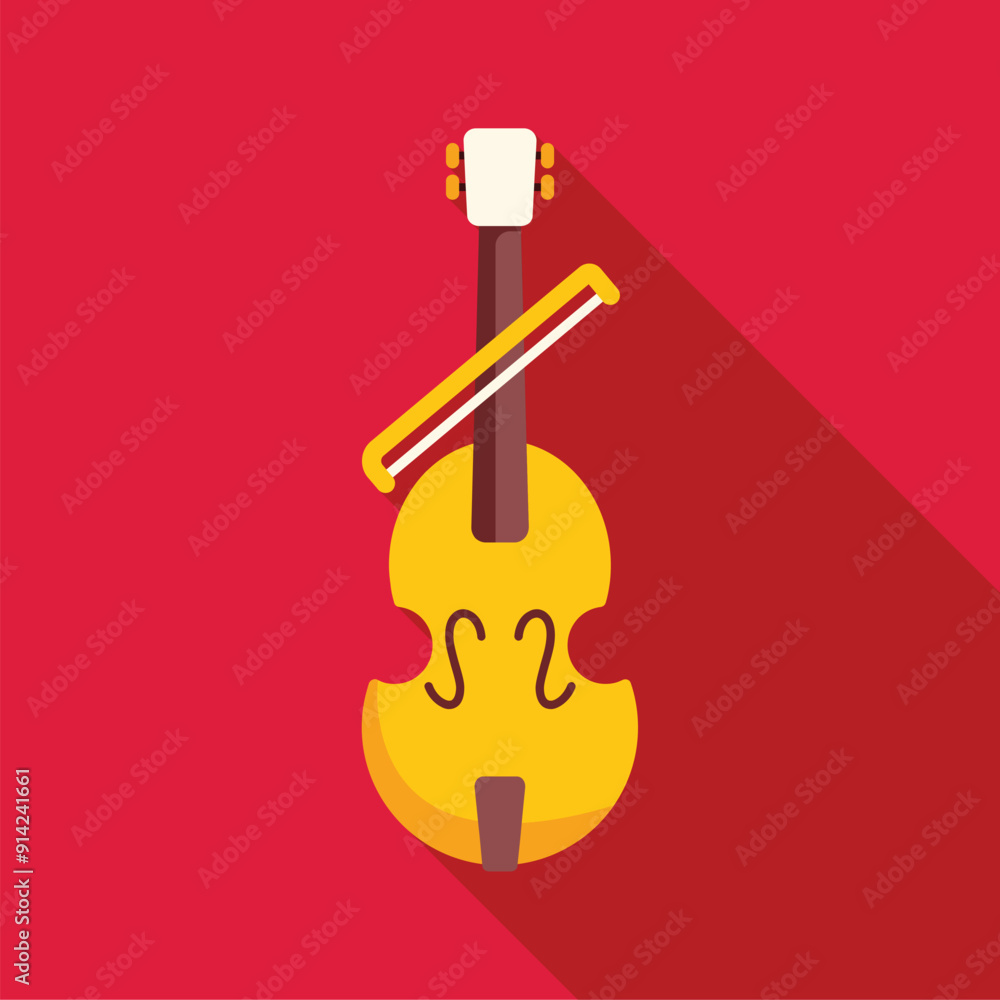 Poster minimalist flat design icon of a yellow cello with a bow on a red background with a long shadow, per