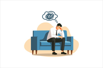 Male sitting on chair overthinking, stressful, worried, headache, suffering, confused concept. Unemployment. Vector illustration.