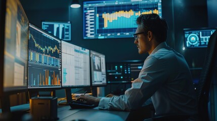 A man wearing glasses works at a desk with multiple monitors displaying financial data. He is focused on his work in a dimly lit room.