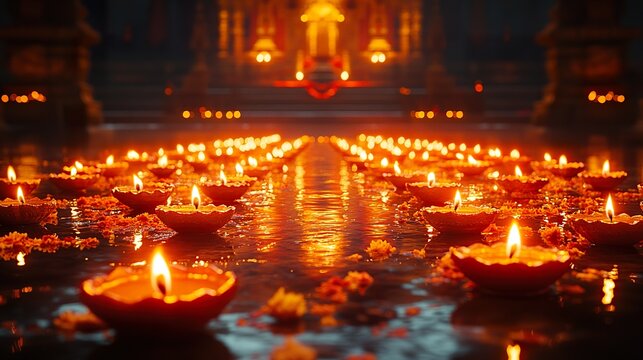 A detailed shot of an Indian temple illuminated with diyas and lights for Diwali