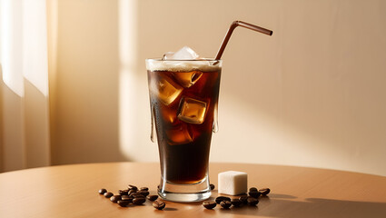 A refreshing glass of iced coffee sits on a warm wooden table, surrounded by a few coffee beans and a single sugar cube
