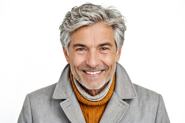 Smiling mature man in a grey coat