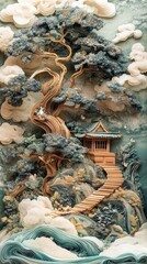 Fototapeta premium Enchanting Japanese Treehouse Amidst Whimsical Clouds and Lush Foliage in a Dreamlike Landscape