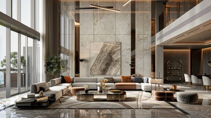 A modern and spacious living room with large windows, marble wall, and luxurious furniture.