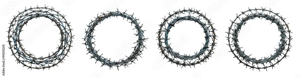 Poster four distinct circular configurations of barbed wire displayed evenly against a solid white backdrop