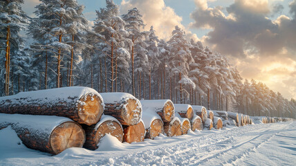 Sawed logs lie in the forest covered with snow close-up