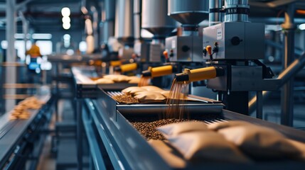 A modern industrial factory with an automated assembly line filling bags with product.