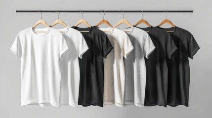 A collection of white, black, and gray t-shirts hanging neatly on wooden hangers against a neutral background. Perfect for fashion and clothing concepts.